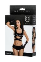 Glossy Halle Costume, черный. Комплект из материала Wetlook: топ, мини-шорты  и перчатки